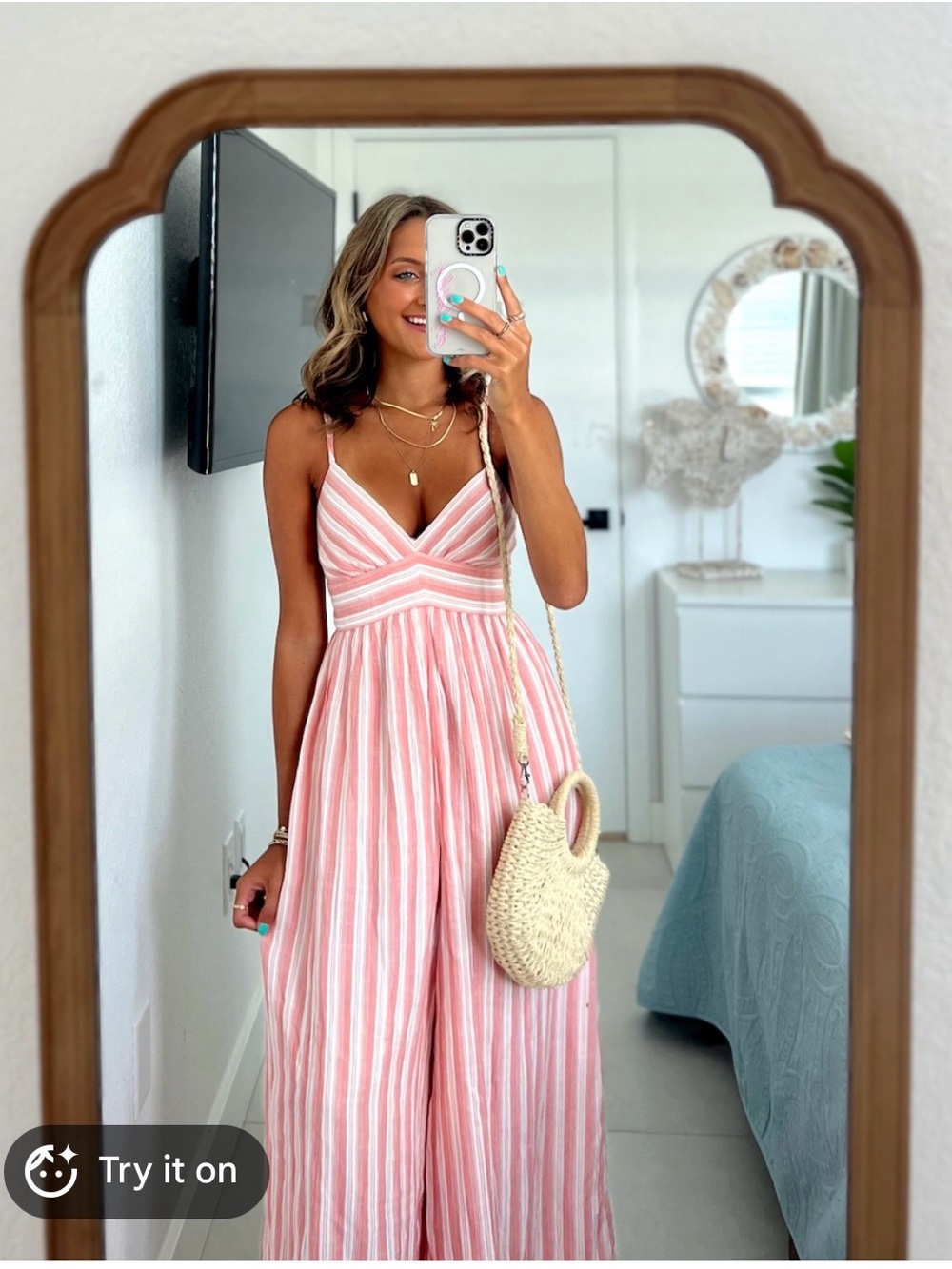 American Eagle Outfitters Pink and White Striped Sleeveless Jumpsuit